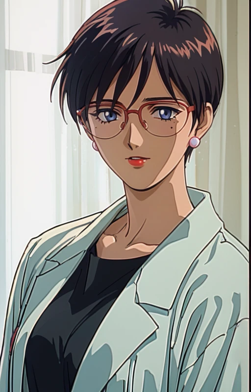 <lora:Midori_Anzai_Anzai_Sensei_Angel_of_Darkness_2_æ·«ç£æå¸«:1.01> anazaiaod, 1girl, (((solo))), glasses, earrings, jewelry, retro artstyle, short hair, 1990s (style), blue eyes, mole, black hair, solo focus, labcoat, mole under left eye, score_9, score_8_up,score_7_up, masterpiece,