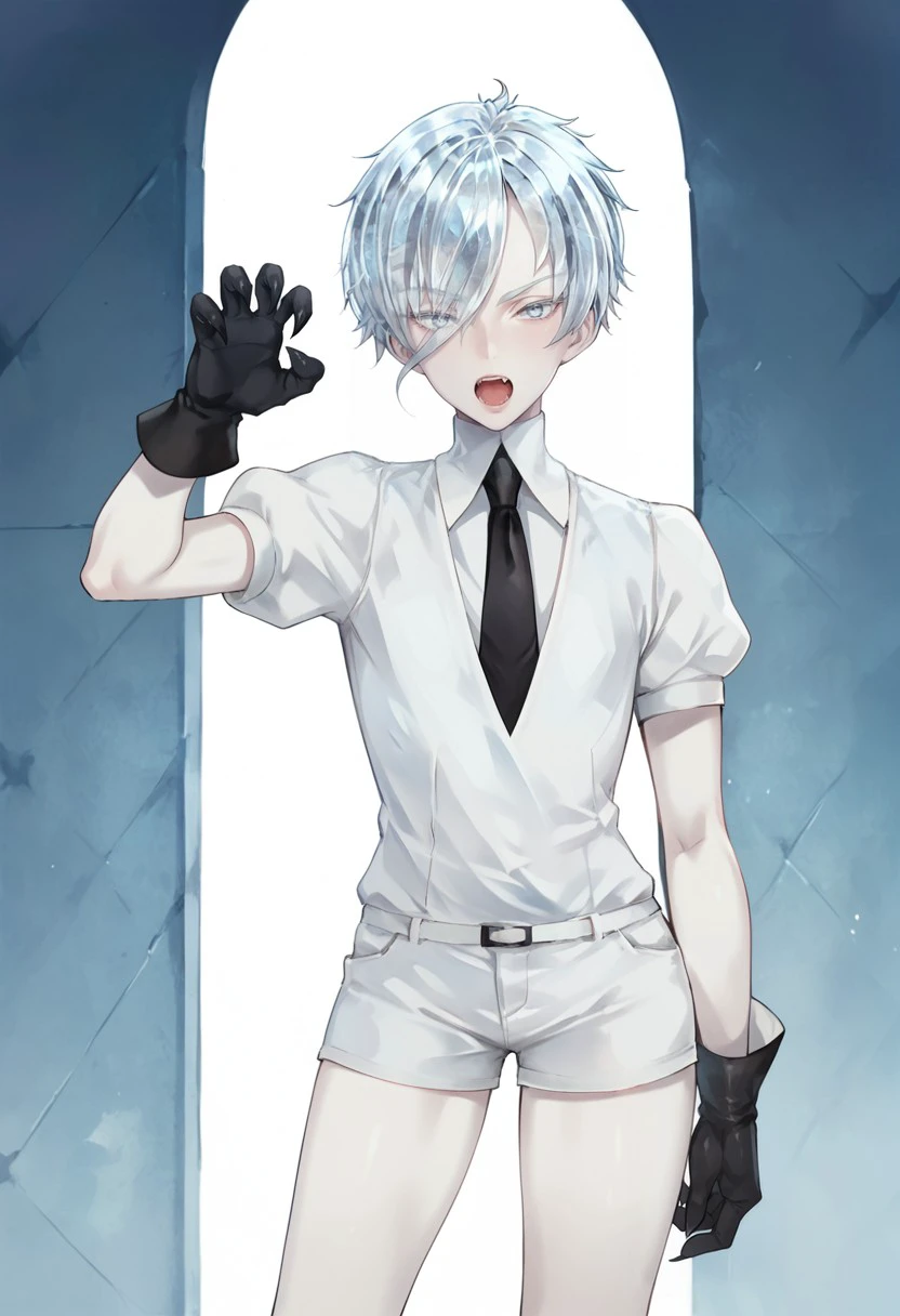 score_9, score_8_up, score_7_up, antarkxl11,androgynous, white eyes, white hair, short hair, crystal hair, hair over one eye, claw pose, fang, open mouth, black necktie, white shirt, puffy short sleeves, black gloves, white shorts, white skin, <lora:AntarkXL11:1.0>