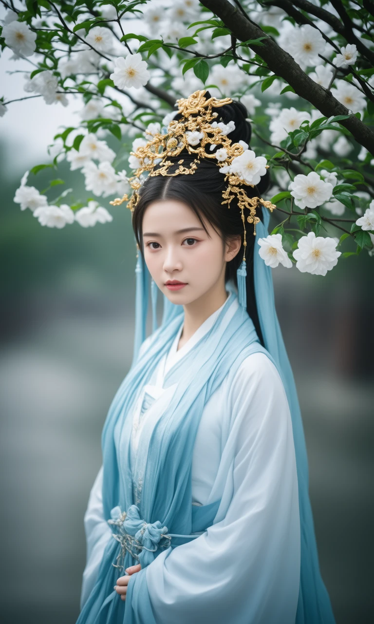 a photo of a woman dressed in traditional chinese hanfu, a portrait of a young woman wearing a traditional Chinese Hanfu outfit, She is standing in front of a tree with white flowers and green leaves, a blue shawl draped over her shoulders, She has a gold headpiece with flowers and leaves on top of her head, Her hair is styled in a high bun and she is looking directly at the camera with a serious expression, The background is blurred, but it appears to be a garden or park with greenery, The overall mood of the image is elegant and regal,
