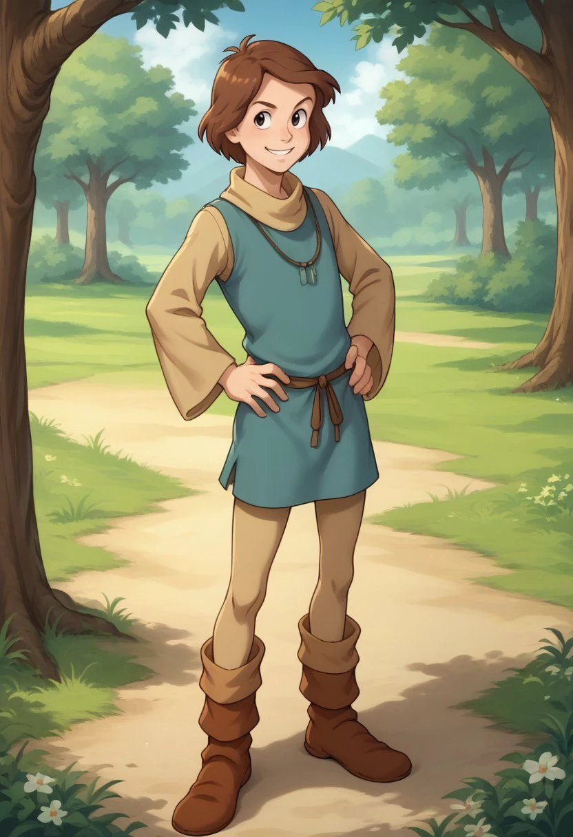 score_9, score_8_up, score_7_up, source_anime, highly detailed, 

cavin, 1boy, male focus, solo, brown hair, black eyes, tunic, long sleeves, blue tunic, brown sleeves, belt, rope belt, pantyhose, brown pantyhose, boots, brown footwear, hand on hip, smile,

outdoor, wood, nature,