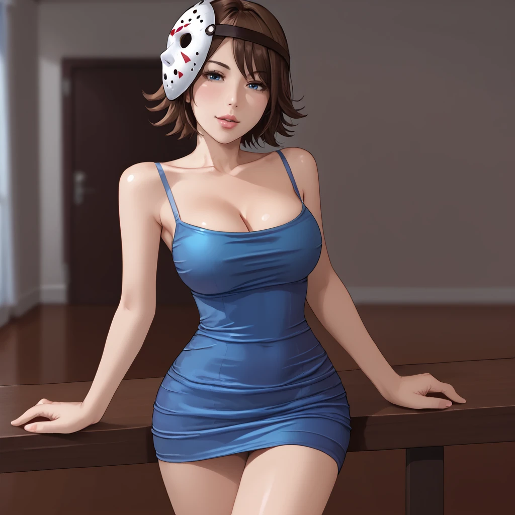 <lora:bishoujojason_pony_v1:.75> BishoujoJason, 1girl, solo, large breasts, mask,  brown hair, short hair,  blue eyes, lips,  cowboy shot,  <lora:0878 Laser nightclub skirt_v1_pony:1> ruanyi0878,blue dress,short skirt, skirt,