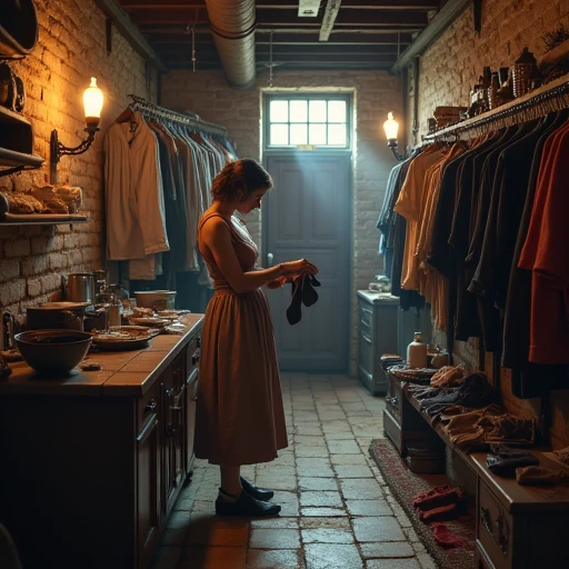 an image of a lady of the seamstresses guild darning socks in a basement room full of mens laundry and torn shirts