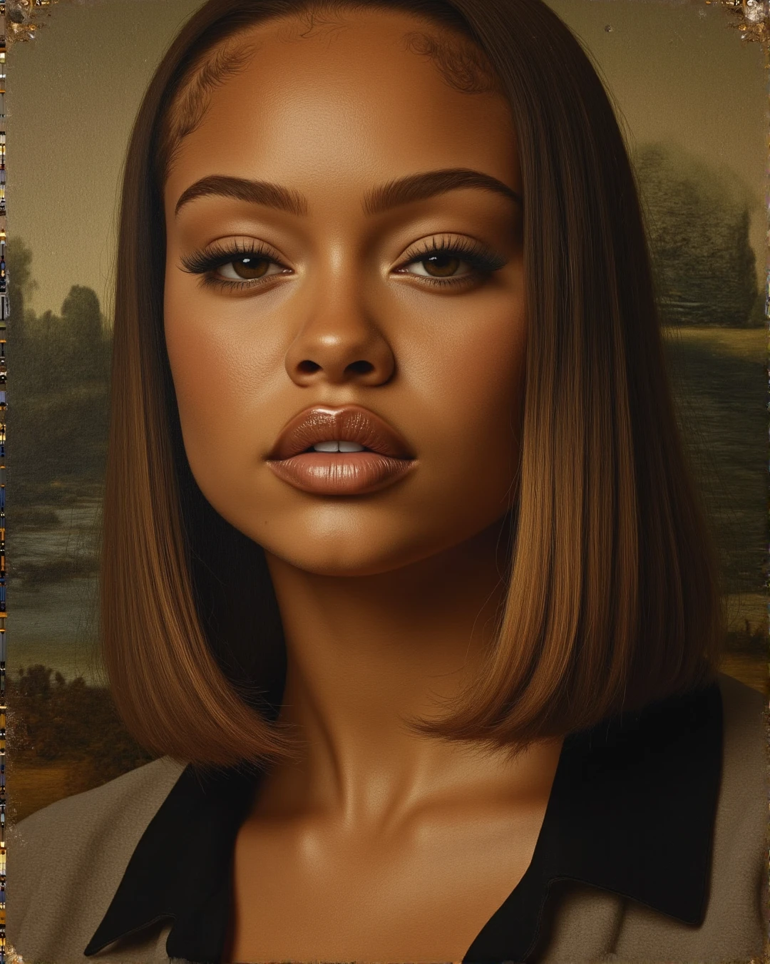 closeup headshot , A luxury black women with a straight 
short chestnut blond   hair, starring in a mona lisa like portrait painted by divinchi, dark offwhite crewneck shirt