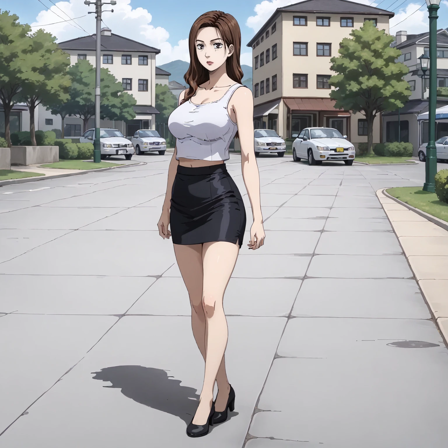 <lora:ID_MakoAndSayukiXLpony002>,
outdoors,
solo,
Sayuki,1girl,brown hair,long hair,brown eyes,
large breasts,
crop top,white tank top,sleeveless,
black skirt,pencil skirt,
full body,standing,