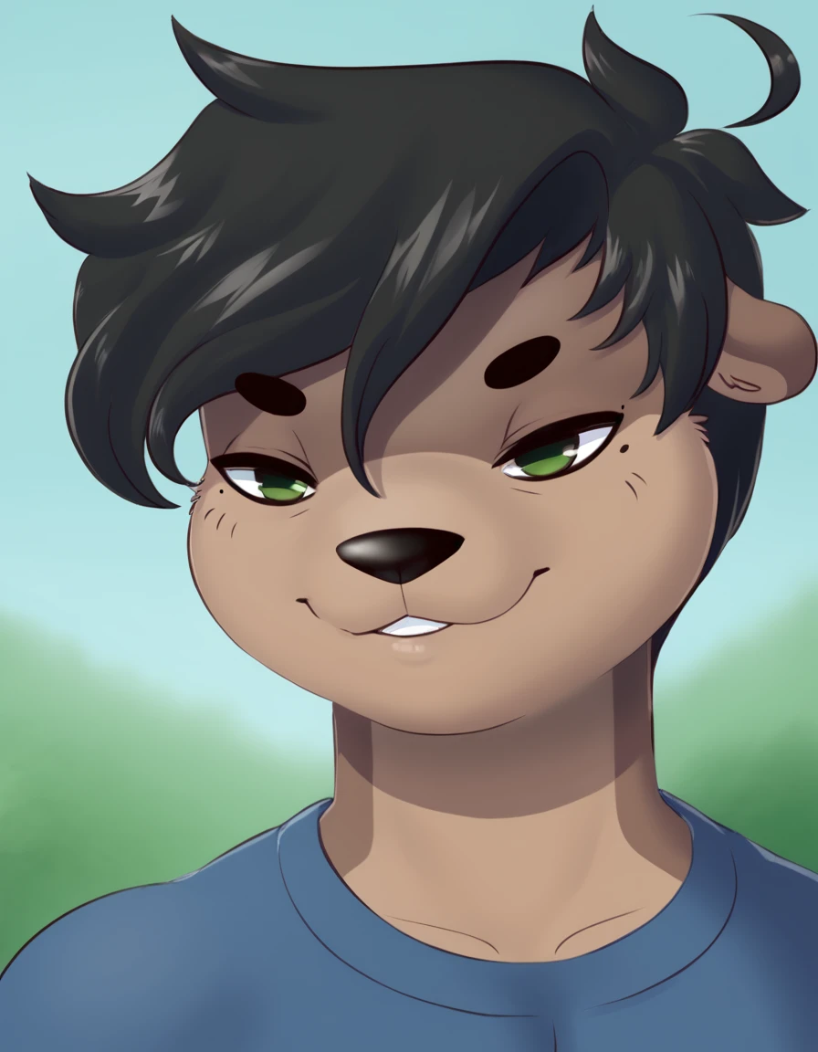 outdoors, 
Shin,1boy,solo,tail,otter tail,animal ears,furry,green eyes,short hair,black hair,furry male,snout,dark skin,animal nose,mole under eye,
smile,seductive smile, long eyelashes, 
headshot, parted lips, 
 <lora:Shin_v01_PDXL:1>,
 <lora:add-detail-xl:1>