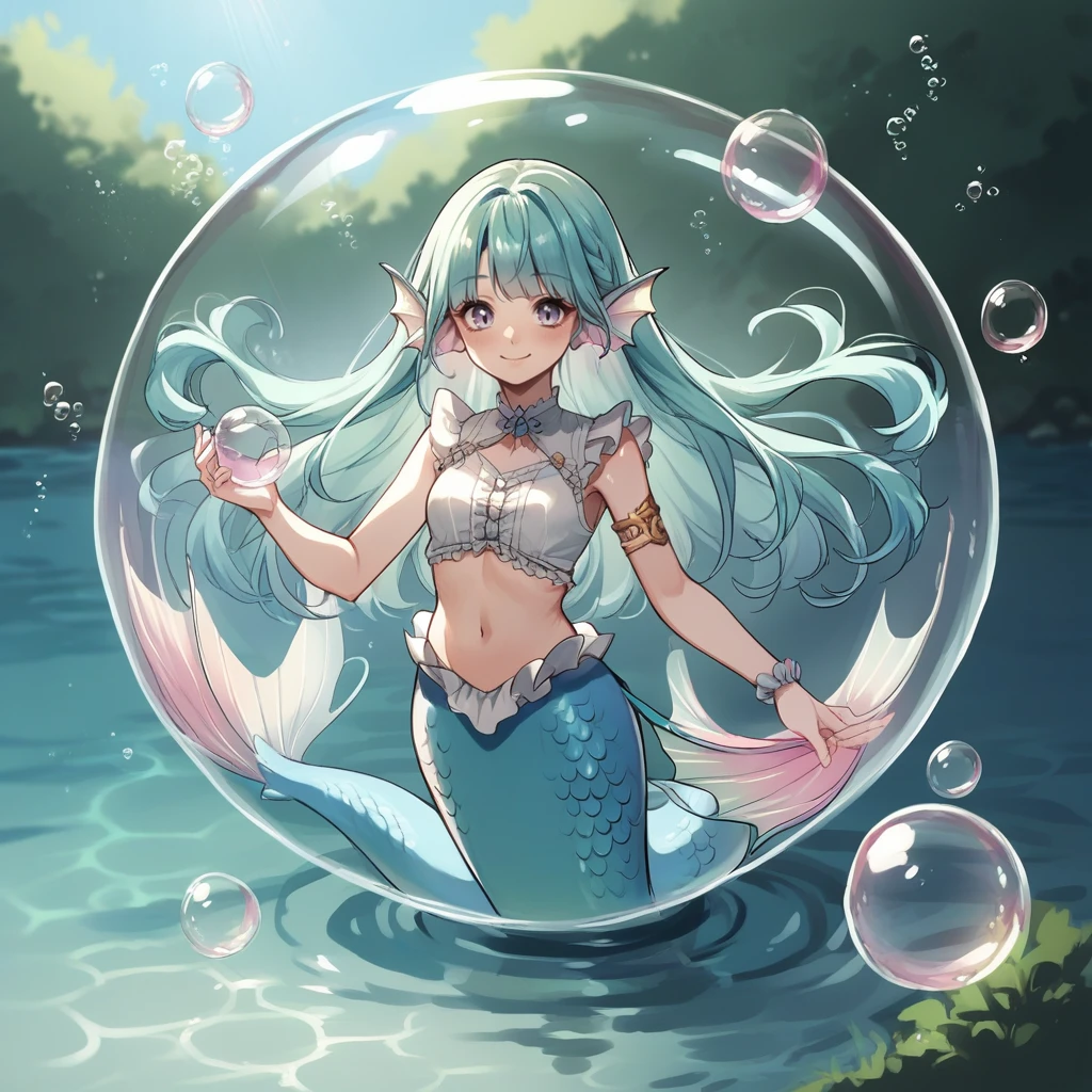 score_9, score_8_up, score_7_up, score_6_up, score_5_up, score_4_up, zPDXL2,source_anime,rating_safe,1girl, solo, outdoors, smile, mermaid, <lora:In_Bubble:0.8> 1nbbbl3, bubble, in bubble