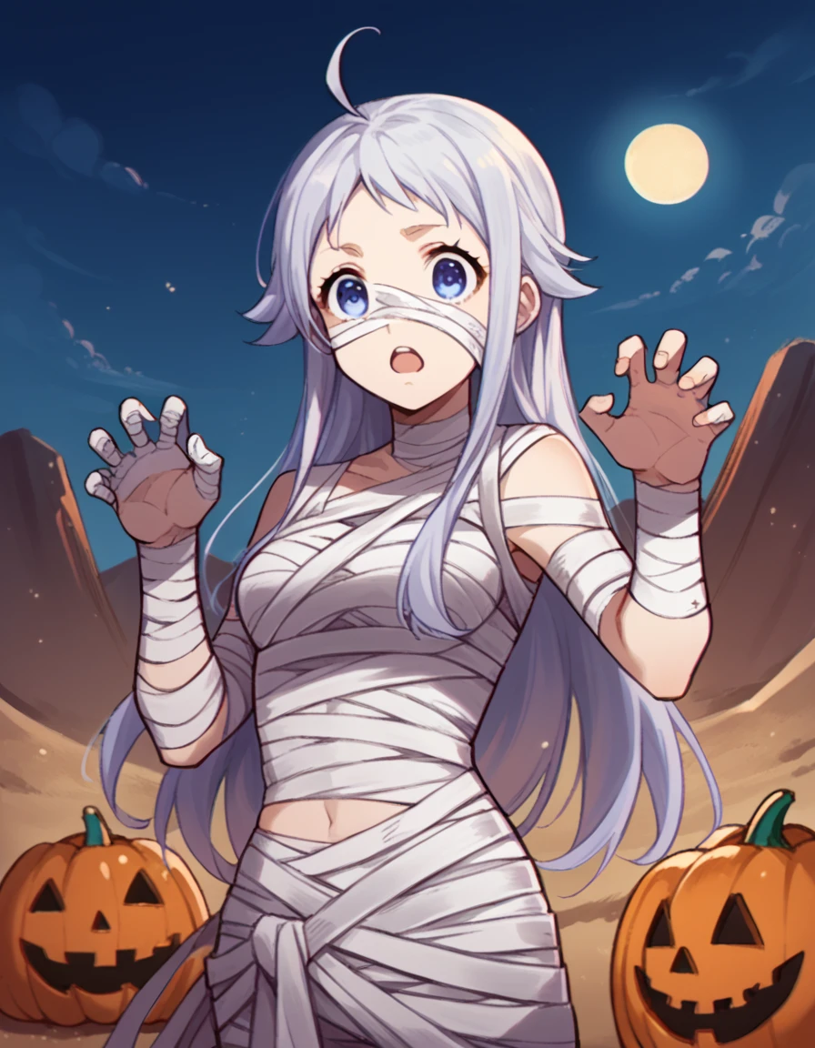 score_9, score_8_up, score_7_up, source_anime, <lora:sara-tachibana-s1-ponyxl-lora-nochekaiser:1>, sara tachibana, long hair, blue eyes, ahoge, medium breasts,, <lora:mummy-costume-ponyxl-lora-nochekaiser:1>, mummy costume, bandages, halloween costume, bandaged arm, zombie pose, bandage on face,, desert, moon, night, open mouth, , dutch angle, cowboy shot