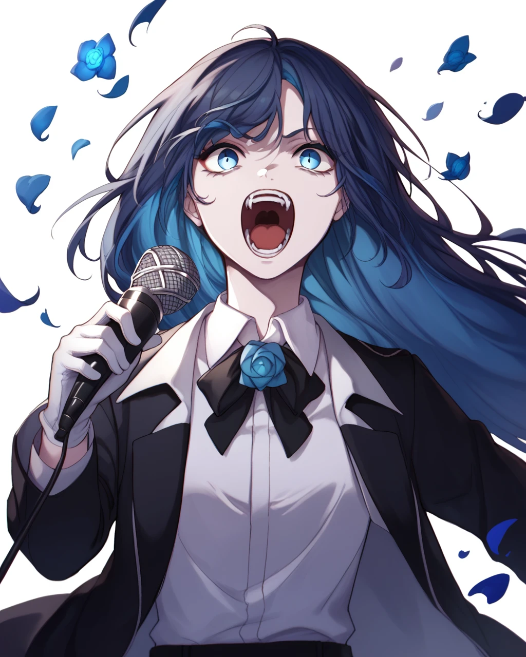 1girl, solo, <lora:Ad0CharaPDXL_v1:1>Ad0CharaPDXL, 1girl, solo, shirt, flower, long hair, singing, shouting, holding microphone, gloves, white gloves, black jackets, white shirt, blue flower, blue hair, open mouth, looking at viewer, score_9, score_8_up, score_7_up,