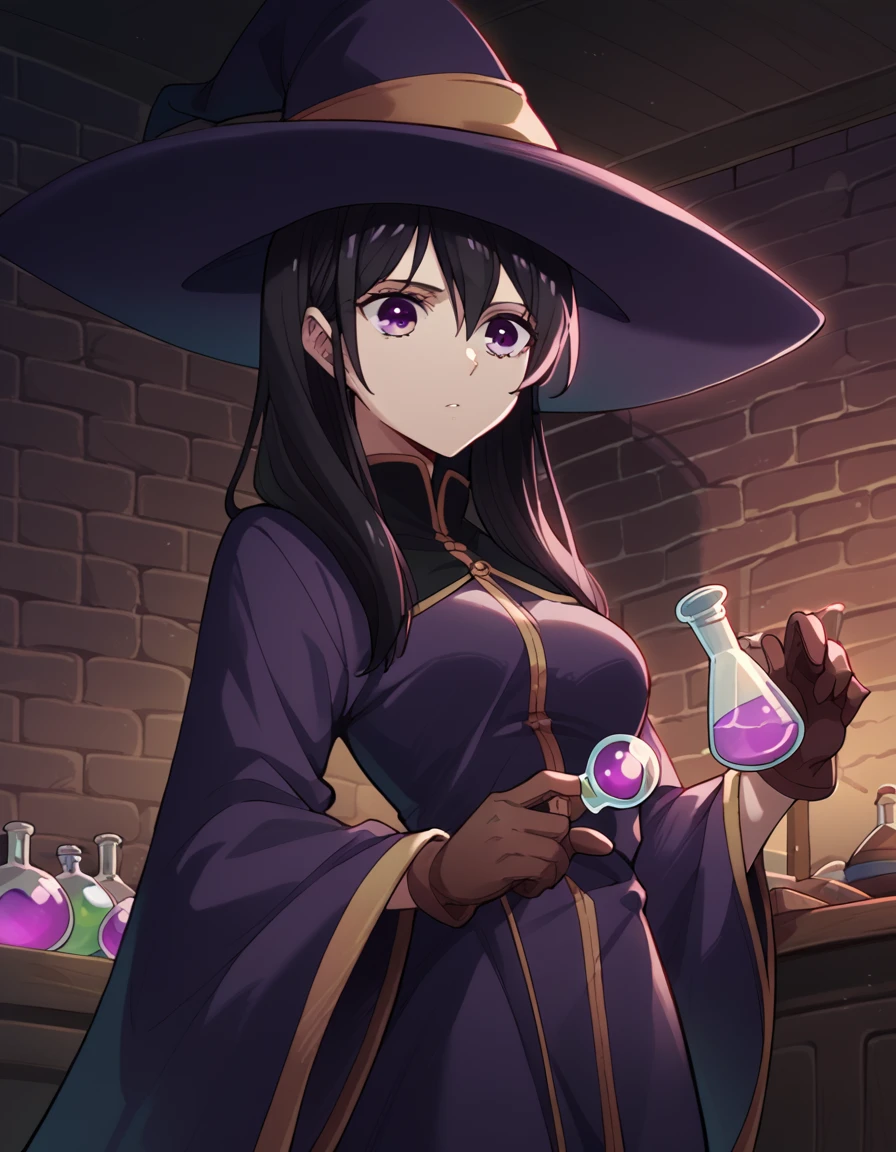 score_9, score_8_up, score_7_up, source_anime, <lora:mei-aihara-s1-ponyxl-lora-nochekaiser:1>, mei aihara, long hair, black hair, purple eyes, medium breasts,, <lora:wizard-ponyxl-lora-nochekaiser:1>, wizard, wizard hat, robe, dress, long sleeves, gloves,, indoors, bricks, potion, flask, vial,, cowboy shot,, , dutch angle, cowboy shot