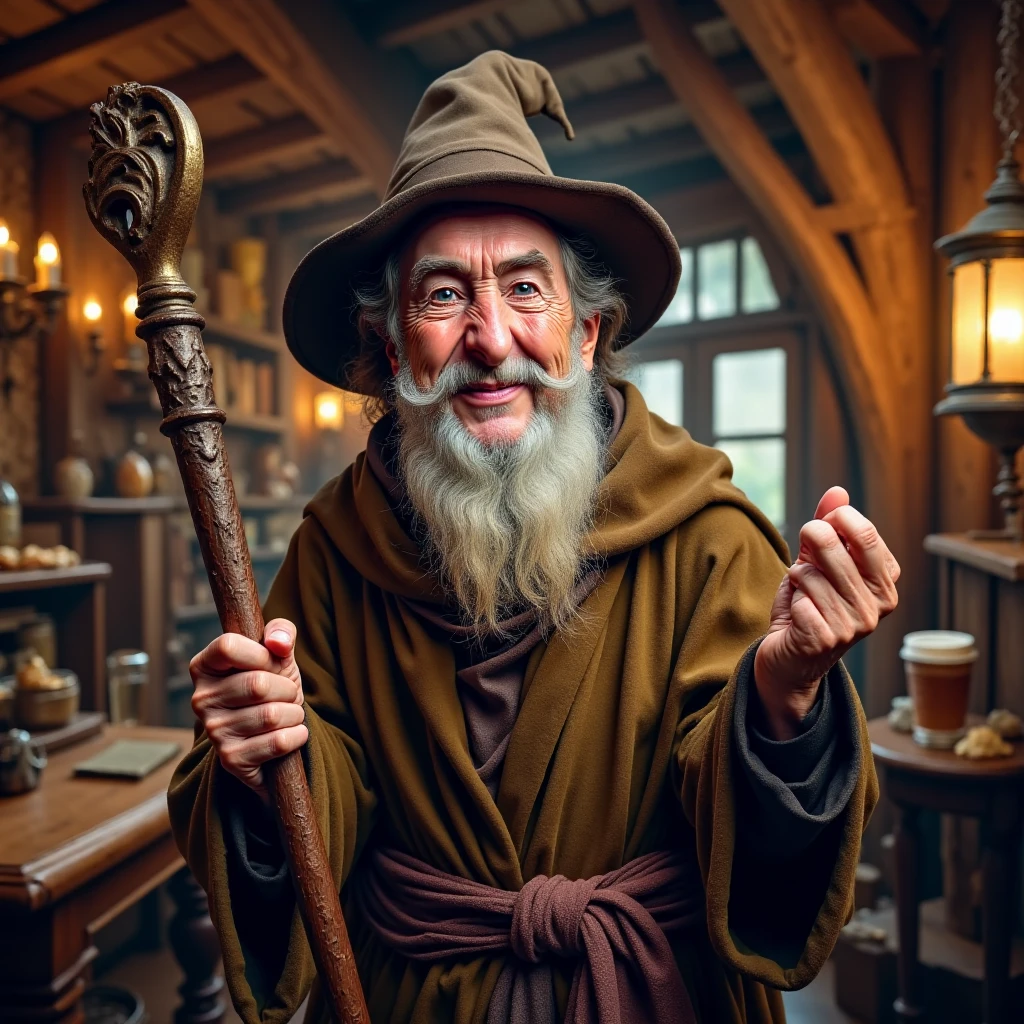 "Imagine a wizard with a roguish grin and a twinkle in his eye, wearing a slightly tattered robe that looks as if it’s seen one too many adventures. His hat sits at a jaunty angle, and he holds a staff that seems more like a walking stick he’s picked up along the way. His expression is one of perpetual amusement, as if he’s always in on a private joke and can’t help but crack a smile. He stands in a cozy, dimly lit corner of a wizard’s tavern, with worn wooden beams, flickering lanterns, and a hint of smoke, giving the impression of a seasoned traveler with endless tales to share."