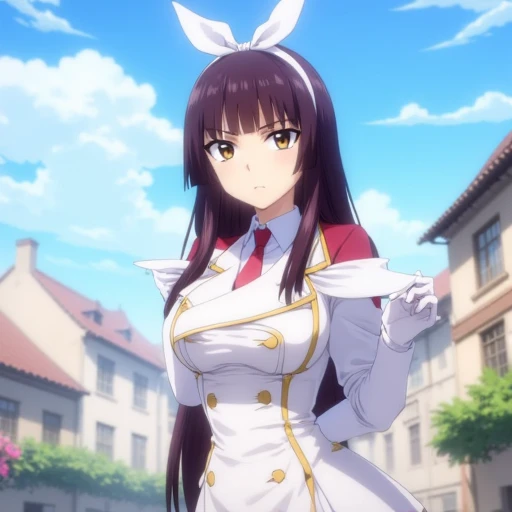 The image is a high-quality digital anime-style drawing featuring a young woman standing outdoors in what appears to be a quaint European-inspired town. The setting is a sunny day with a clear blue sky and a few fluffy white clouds. The girl has long, standing outdoors against a clear blue sky with a few fluffy white clouds. She has long, highlighting her slender yet curvy figure, styled with a white headband adorned with a bow. Her eyes are large and expressive, featuring a high collar, depicting a young woman with a serious expression. She has long, and she has a gentle, dark brown hair with blunt-cut bangs that frame her face