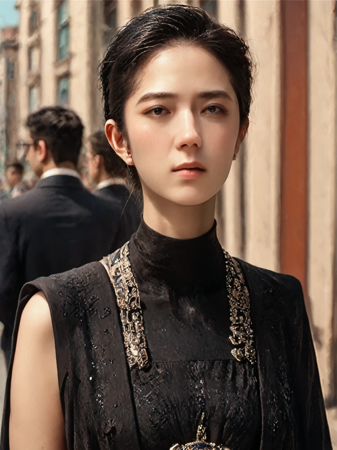 (highres image, ultrares, absurdres, ultra detailed), (masterpiece:1.8) <lora:Gwei_Lun-Mei:0.8> 1girl, ((gwei)), black halter dress, walking down the streets, (score_9, score_8_up, score_7_up), source_realistic,