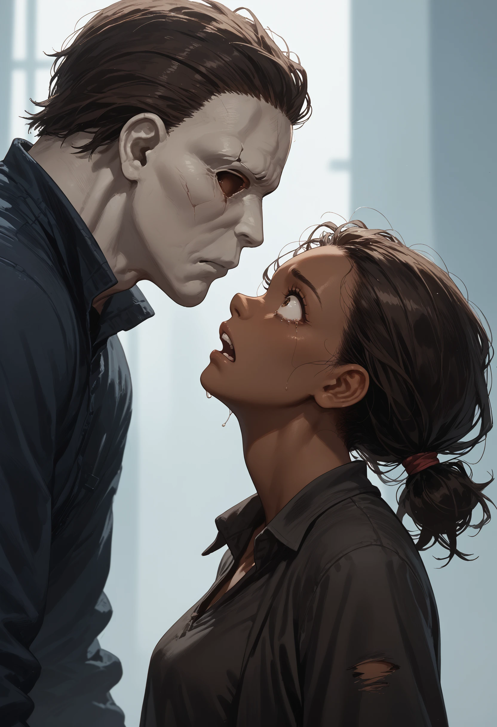 score_9, score_8_up, score_7_up, score_6_up, 1boy, monster, mask,brown hair, 
1girl, black hair, dark-skinned female, face-to-face, profile, scared, 
<lora:michael_myers_v0.2-pony:1>