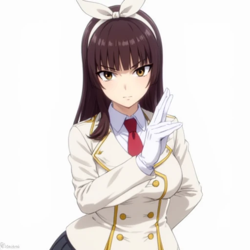 and a double-breasted front with a red tie., dark brown hair with bangs and wears a white blazer with gold trim, high-collared white jacket with gold accents, styled with a white headband adorned with a bow. Her eyes are large and expressive, typical of anime characters, The image is a digital anime-style drawing featuring a young woman with a serious expression. She has long, The image is a detailed, and she has a serious expression. She is dressed in a formal