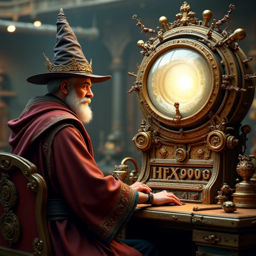 an image of a wizard of unseen university sat in front of an elaborate steampunk computer powered by ants, looking into a huge fresnel lens, the logo on the computer says "HEX9000`