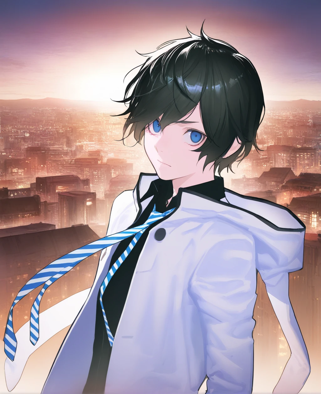 masterpiece,best quality,very aesthetic,absurdres,laios touden, dungeon meshi, reoen, liduke, eboda-x, yuyumu, (rurudo:1.05), (cogecha:1.05), (ask \(askzy\):1.05), year 2022,
1boy, male focus, solo, protagonist \(devil survivor 2\), black hair, short hair, blue eyes,
white jacket, hooded jacket, black shirt, striped necktie, upper body, rabbit hoods, hood down,
city, looking at viewer
<lora:ds2_protagonist.noobaixl05:1>