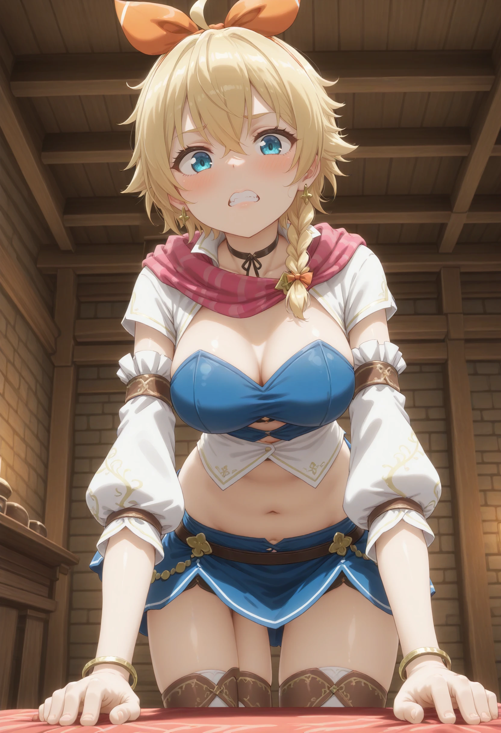 1girl, city thief, romancing saga 2, solo,
masterpiece,best quality,absurdres,detailed skin,anime colored,anime screencap,official art,
blonde hair,hair between eyes,single braid, braided ponytail, bangs, blue eyes, medium breasts, <lora:citythief_XL_v1:0.7>
hairband, hair bow, red bow,earrings, ahoge,
detached sleeves,  crop top, short sleeves, strapless, scarf,
from below, fisheye lens, looking to the side, clenched teeth, rest room, open mouth,