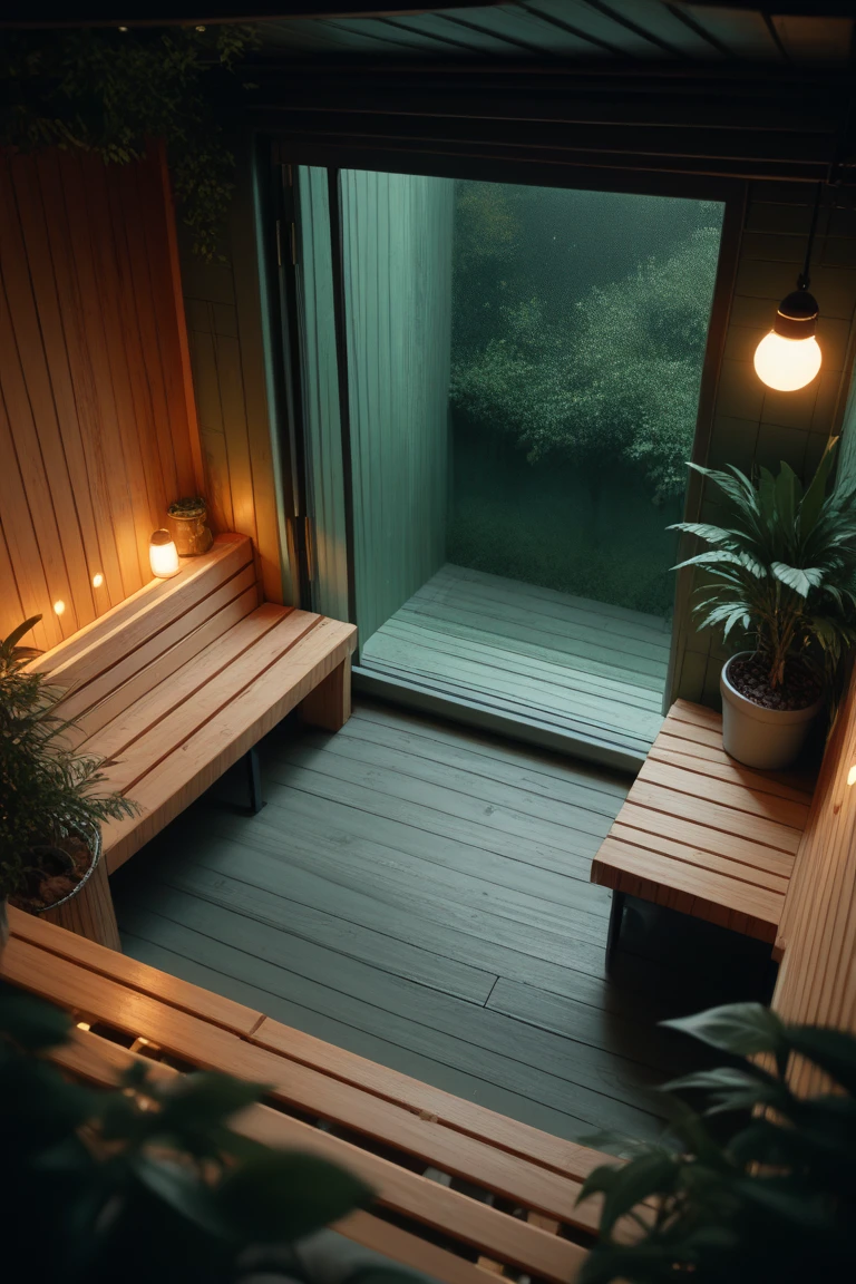 score_9, score_8_up, score_7_up, source_anime, rating_safe, night, midnight, dark, green theme, plants, natural lighting, sauna focus, CandiSAUNA, 1stclutter, 2ndclutter, from above, negative space, intricately detailed illustration, depth of field, atmospheric perspective, realistic shading