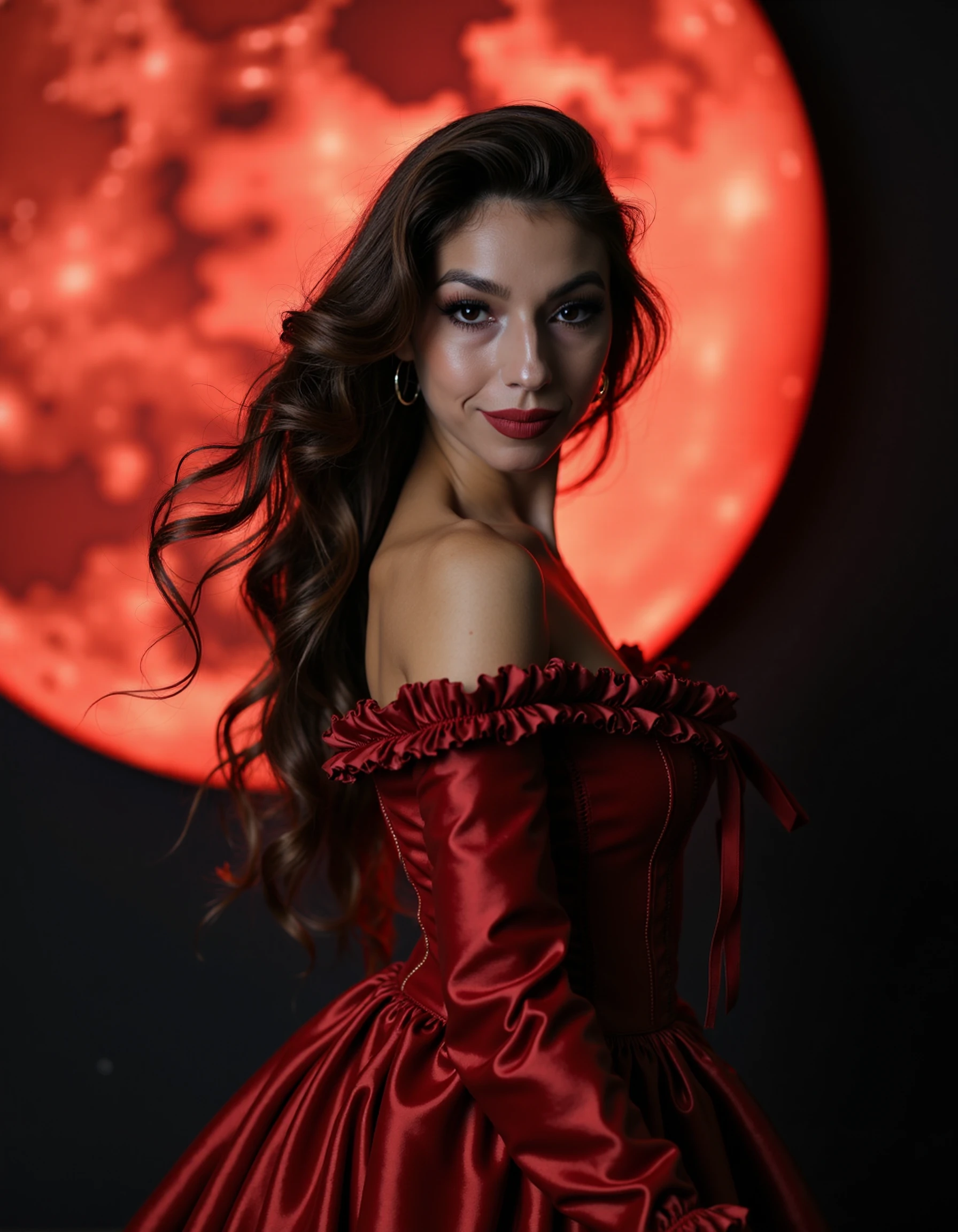 <lora:Haylee McMahen_epoch_4:1.2> ,award wining professional erotic artistic boudoir photography, A cinematic masterpiece resplendent in a flowing Victorian dress, stands majestically against an eerie backdrop of a colossal blood moon. Her long locks flow like silk in the wind, framing her striking features with piercing eyes and subtle makeup. The camera captures her sultry smile, lips painted red, as she gazes back, her enigmatic eyes radiating mystery and allure. Extreme lighting casts dramatic shadows on her bare skin, accentuating the flowing pubic hair, set against meticulous details that transport the viewer into a movie special effects style wonderland.