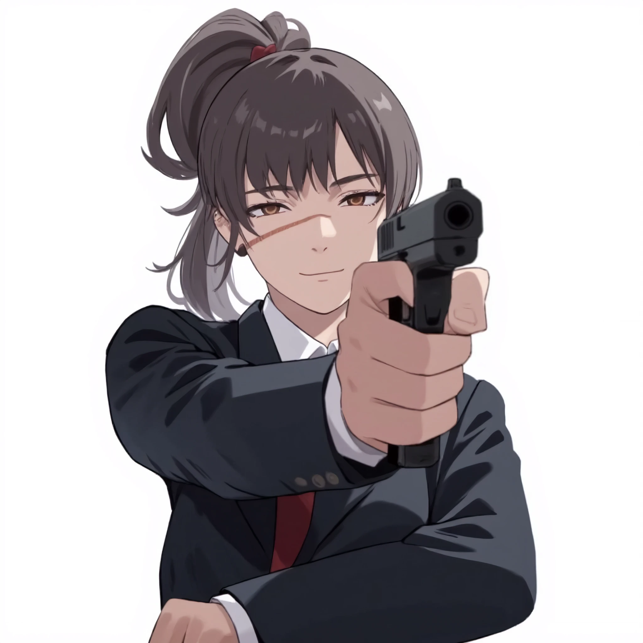 An anime-style girl in a sleek black suit, confidently pointing a handgun directly at the viewer. Her eyes are intense and focused, and a faint scar marks her cheek, hinting at a history of close encounters. The backdrop is minimal to emphasize her stance, creating a powerful, suspenseful atmosphere as she stands ready with a calm, unwavering expression.