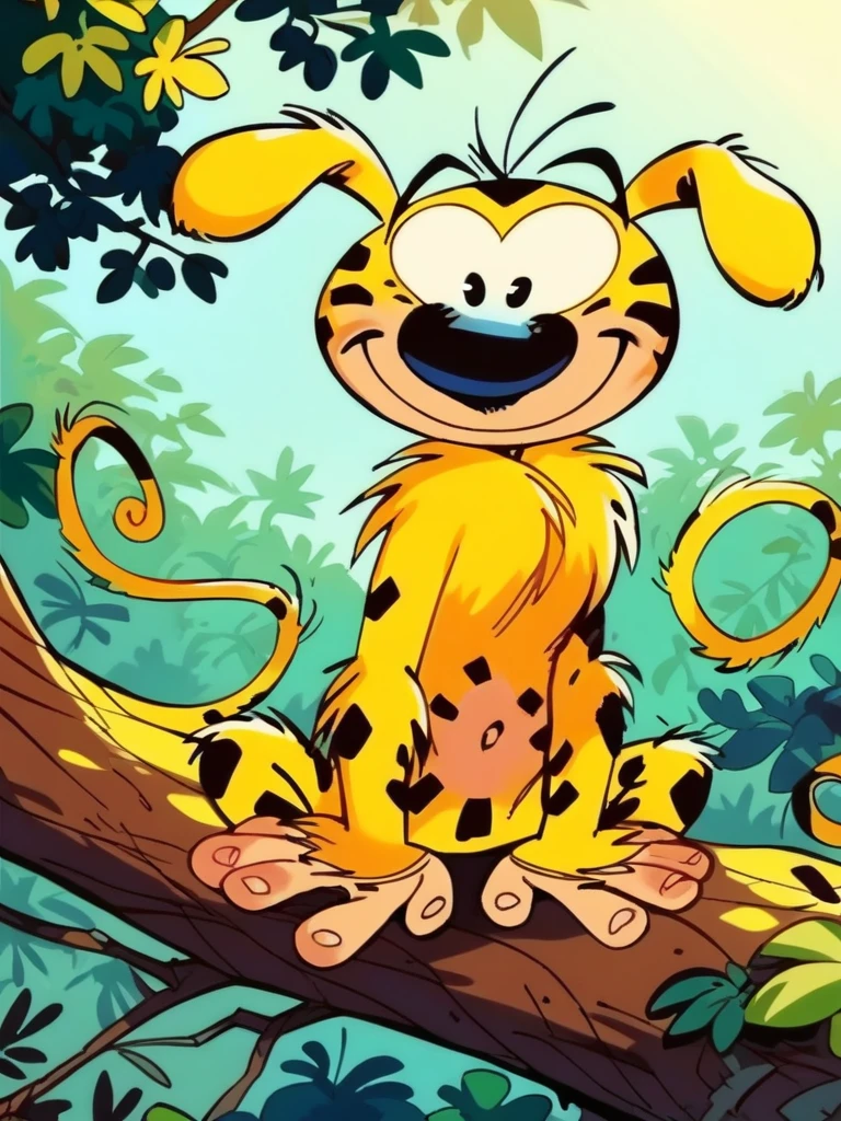 score_9, score_8_up, score_7_up, 1boy, sitting on a tree, vegetation, smile, cute, leafs, 
 <lora:AMarsupilami_character:1>,Marsupilami, yellow skin, monkey tail, black eyes,