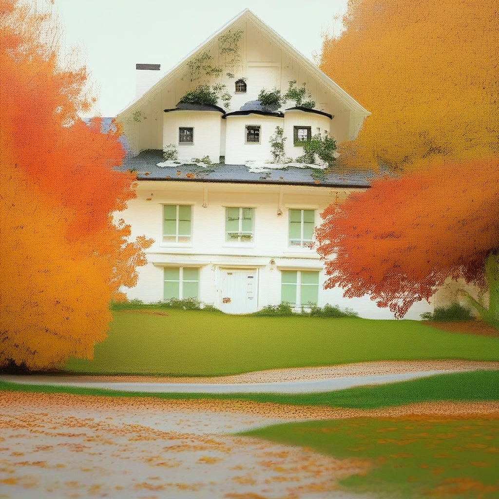 m1dw3st, Depict a charming (white house:1.3) with (green trimming:1.2) on a cozy (urban street:1.1), surrounded by (colorful autumn leaves:1.4) scattered on the lawn. A classic (1972 Ford Futura:1.3) is parked on the grass, with (small dabs of snow:1.2) hinting at the season. Highlight the (extreme detail:1.5) in the house's features and the nostalgic atmosphere, inspired by the works of (Andrew Wyeth:1.4) and (David Hockney:1.3), score_9, score_8_up, score_7_up, score_6_up, score_5_up, score_5_up, score_4_up