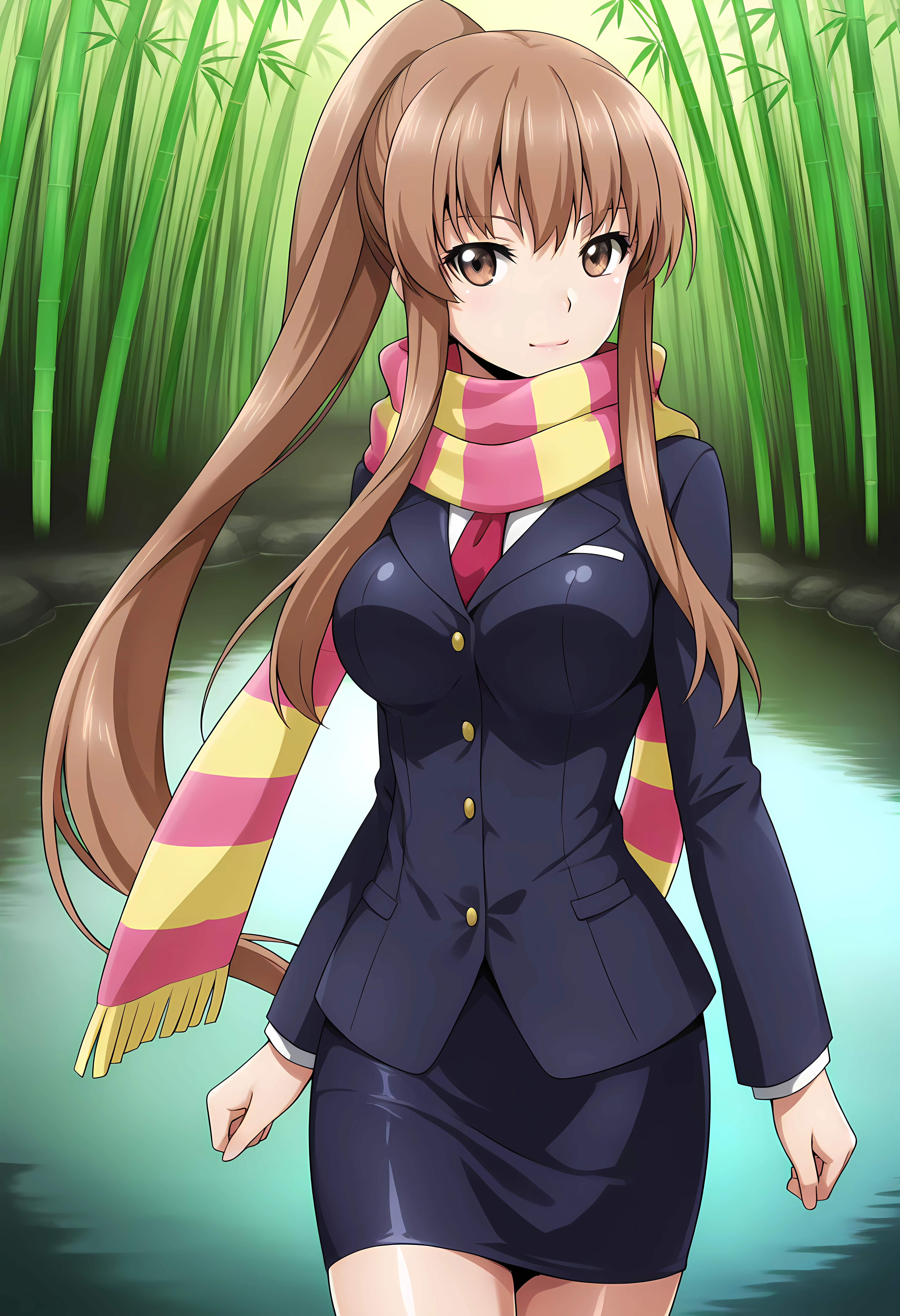 looking at viewer, closed mouth, shiny skin, light smile, petite,ohwx, long_hair, brown_hair, brown_eyes, ponytail, 1girl, sidelocks, breasts, large_breasts, medium_breasts, very_long_hair,scarf, skirt, necktie, jacket, pencil_skirt, striped_clothes, skirt_suit, striped_scarf, Secluded Japanese lake surrounded by bamboo, mist rising, early morning light, calm and natural setting,<lora:kazane_aoba_illustrious_sobsynapse-000003:1>