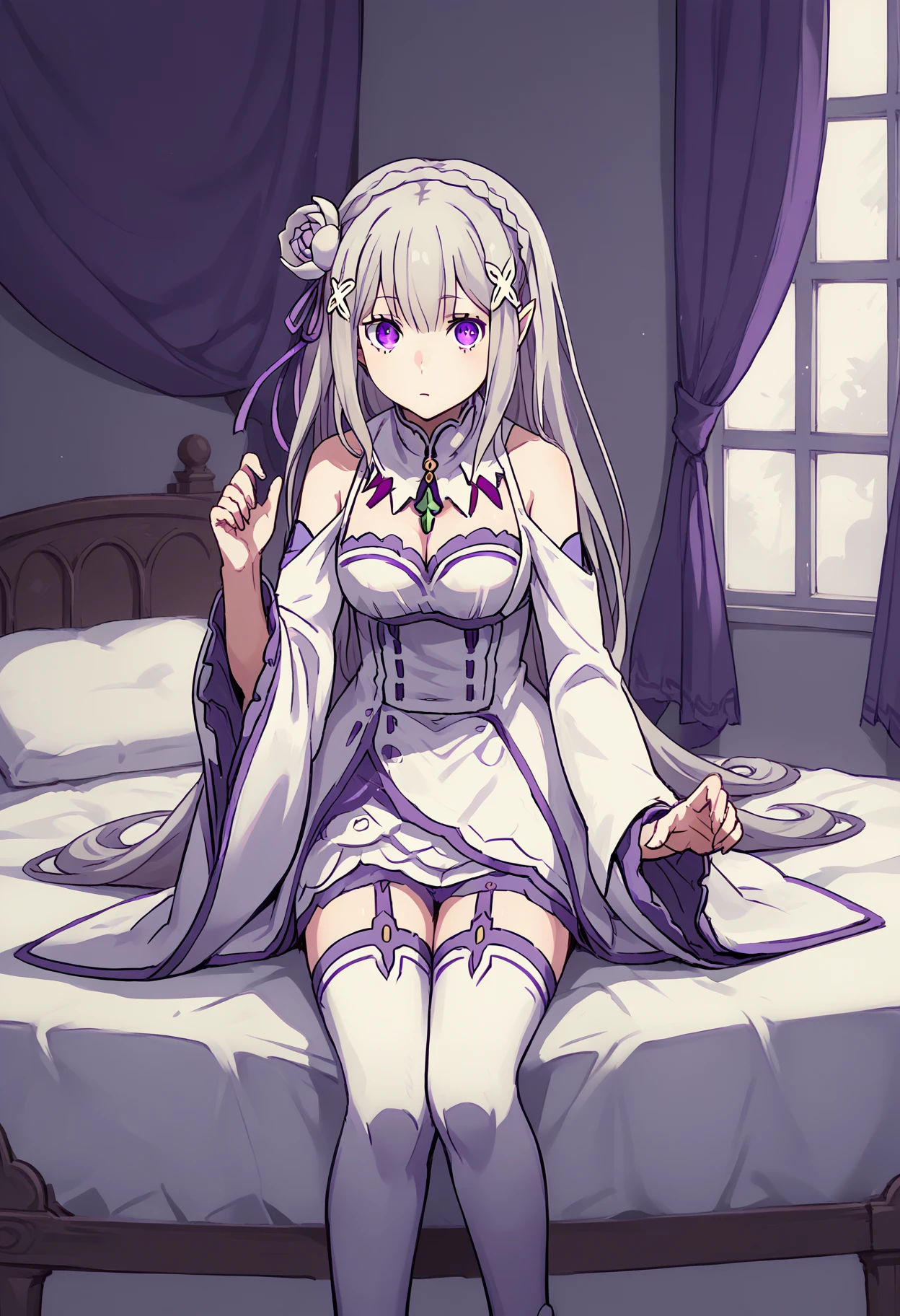 score_9, score_8_up, score_7_up, source_anime,
BREAK
<lora:r:0.8>, shilimpalette, limited palette, 
1girl, solo, 
<lora:shiEmiliaV2:1> shimilia, long hair, grey hair, purple eyes, pointy ears, crown braid, hair flower, hair ribbon, purple ribbon, x hair ornament, white dress, cleavage, bare shoulders, wide sleeves, white thighhighs, thigh boots,
indoors, bed,