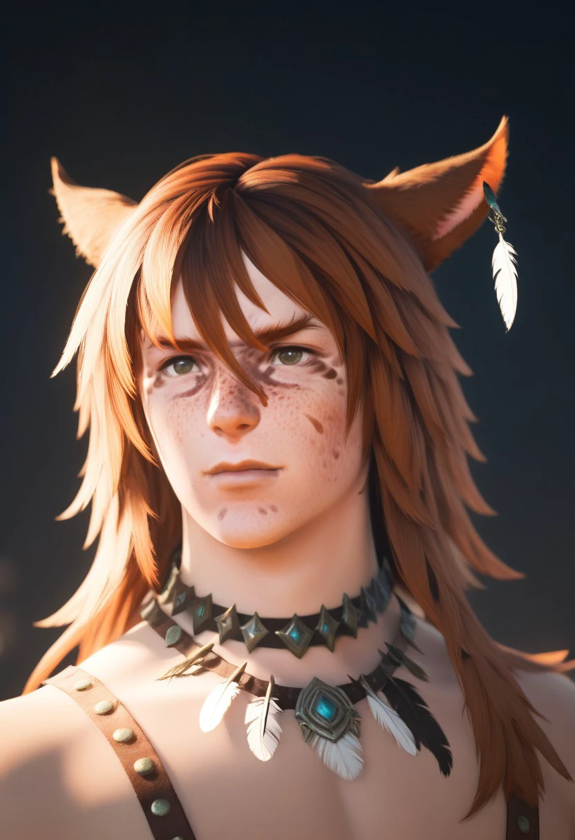 f4c32-miq0, solo, 1boy, male focucs, animal ears, miqo'te, freckles, cat ears, portrait, choker, hair ornament,  long hair, bangs, feathers, cinematic lighting, cinematic angle, best quality, masterpiece