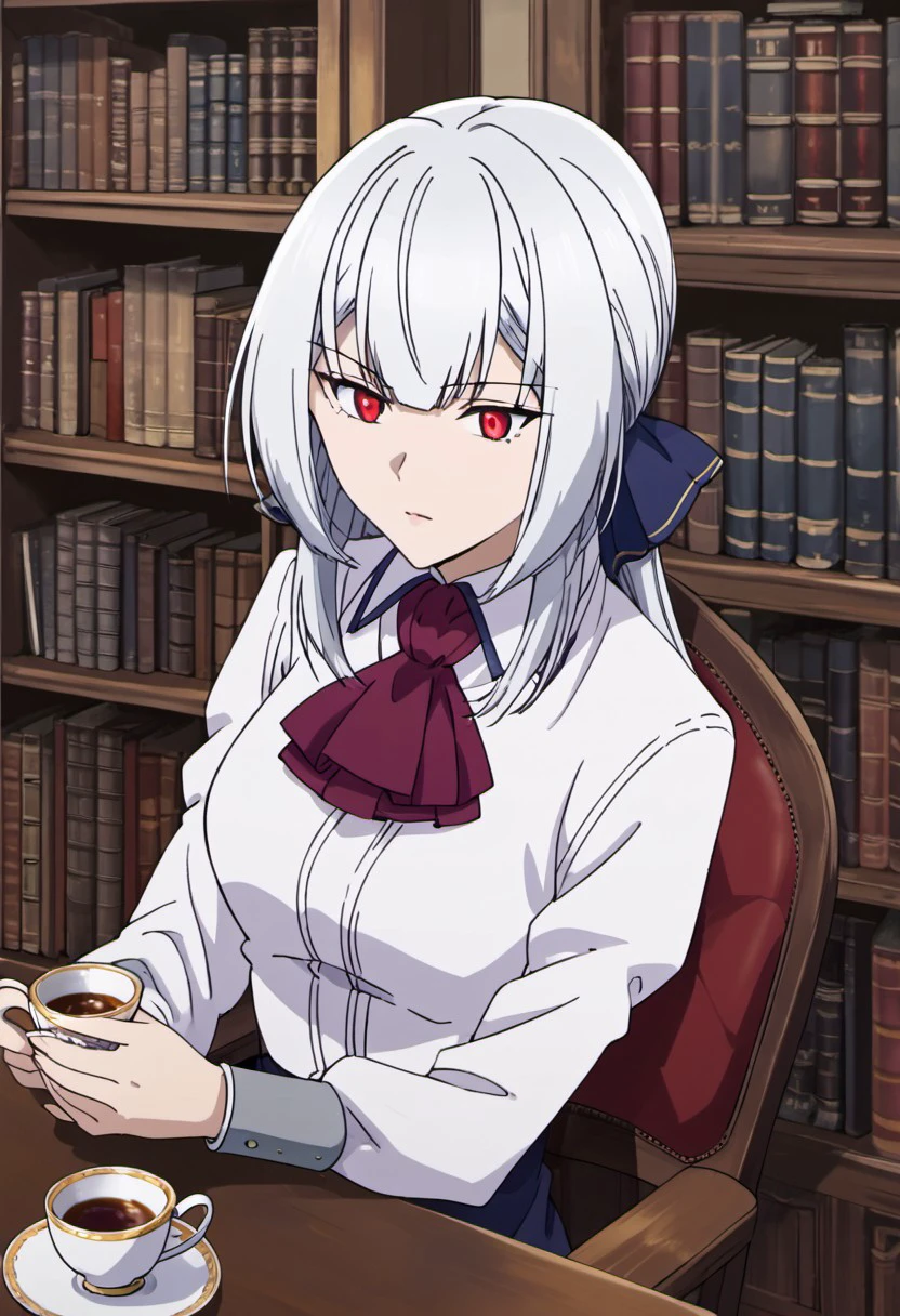 score_7_up, source_anime, christina, white hair, long hair, red eyes, 1girl, bookshelf, cup, solo, teacup, holding cup, ascot, library, holding, book, chair, sitting