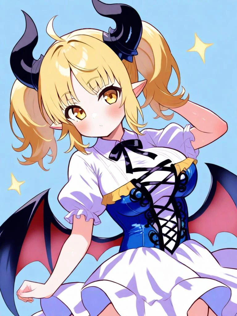 ,gremory\(shadowverse\),1girl,blonde hair,horns,wings,twintails,solo,pointy ears,demon wings,short sleeves,demon horns,puffy short sleeves,ahoge,puffy sleeves,bangs,dress,brown eyes,shirt,yellow eyes,large breasts, <lora:shadowverse-000004:1>, masterpiece, best quality, very aesthetic, absurdres