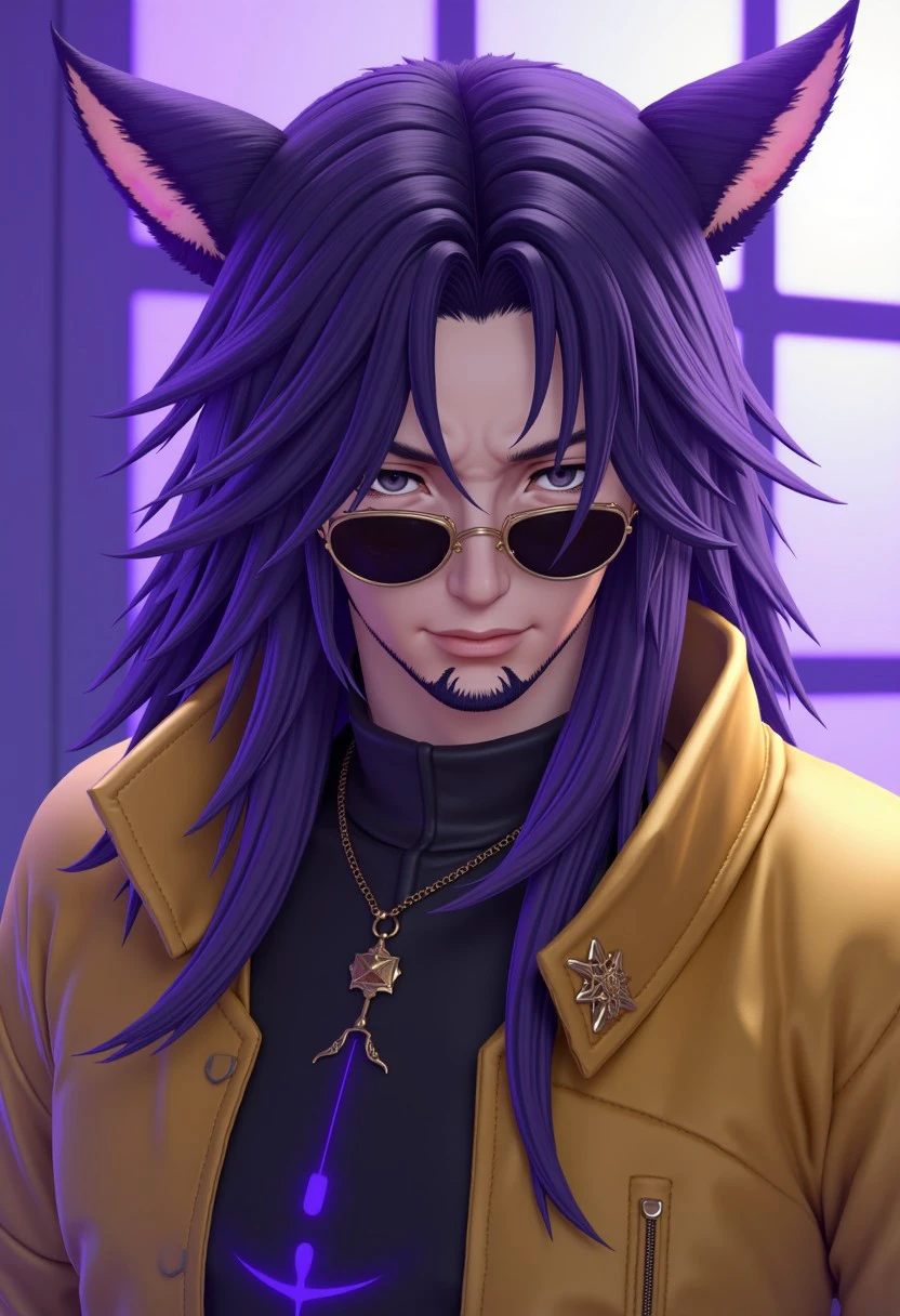 f4c32-miq0, animal ears, miqo'te, solo, sunglasses, facial hair, male focus, 1boy, cat ears, earrings, jewelry, jacket, long hair, dark skin, upper body, facial mark, glasses, tinted eyewear, black hair, purple hair, yellow jacket, cinematic lighting, cinematic angle