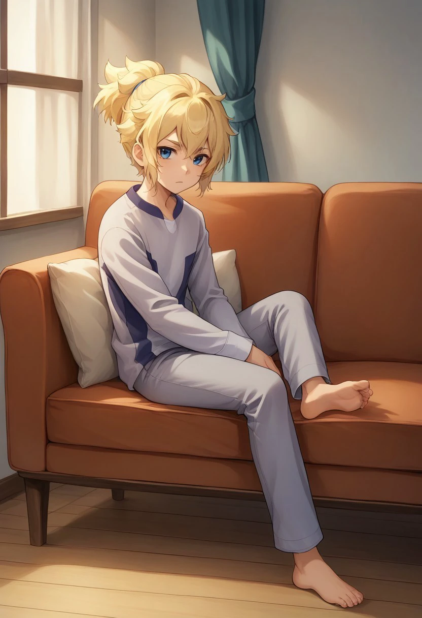 score_9, score_8_up, score_7_up, source_anime, highly detailed, 

hikaru, 1boy, male focus, solo, blonde hair, ponytail, blue eyes, pajama, shirt, grey shirt, long sleeves, pants, grey pants, barefoot

indoor, couch, sit