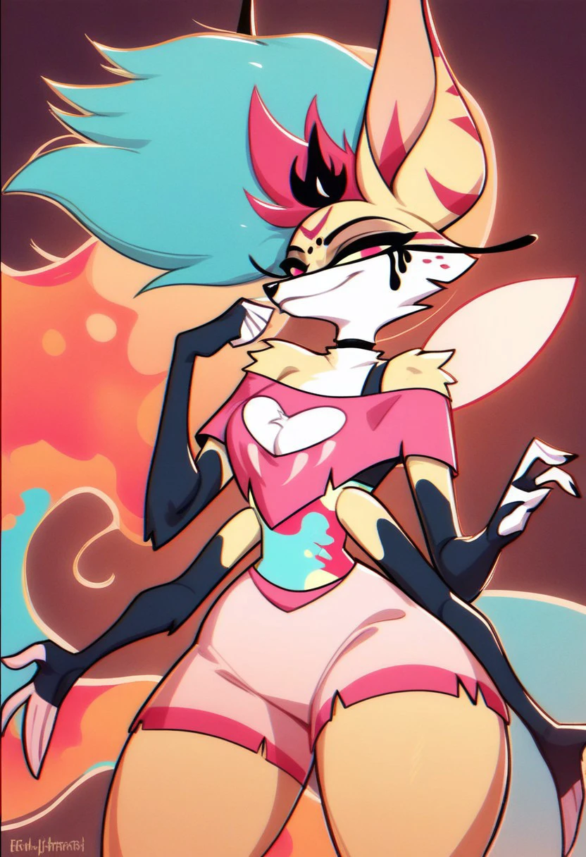 Score_9, score_8_up, score_7_up, score_6_up, score_5_up, score_4_up, 1girl, solo, curvy, big hips, thighs, cleavage, smile, QueenB, Anthro Fennec Fox, Furry Female, Mohawk Hair, Ethereal Hair, Multicolored Hair, Pink Eyes, Yellow Sclera, Long Eyelashes, Running Mascara, Yellow Fur, White Fur, Striped Ears, Multicolored Midriff, Pixie Wings, Four Arms, looking at viewer, Black Choker, Off-shoulder Top, Pink Crop Top, Black Bra, Clothing Cutout, Heart Shaped Cutout, Midriff, Pink Shorts