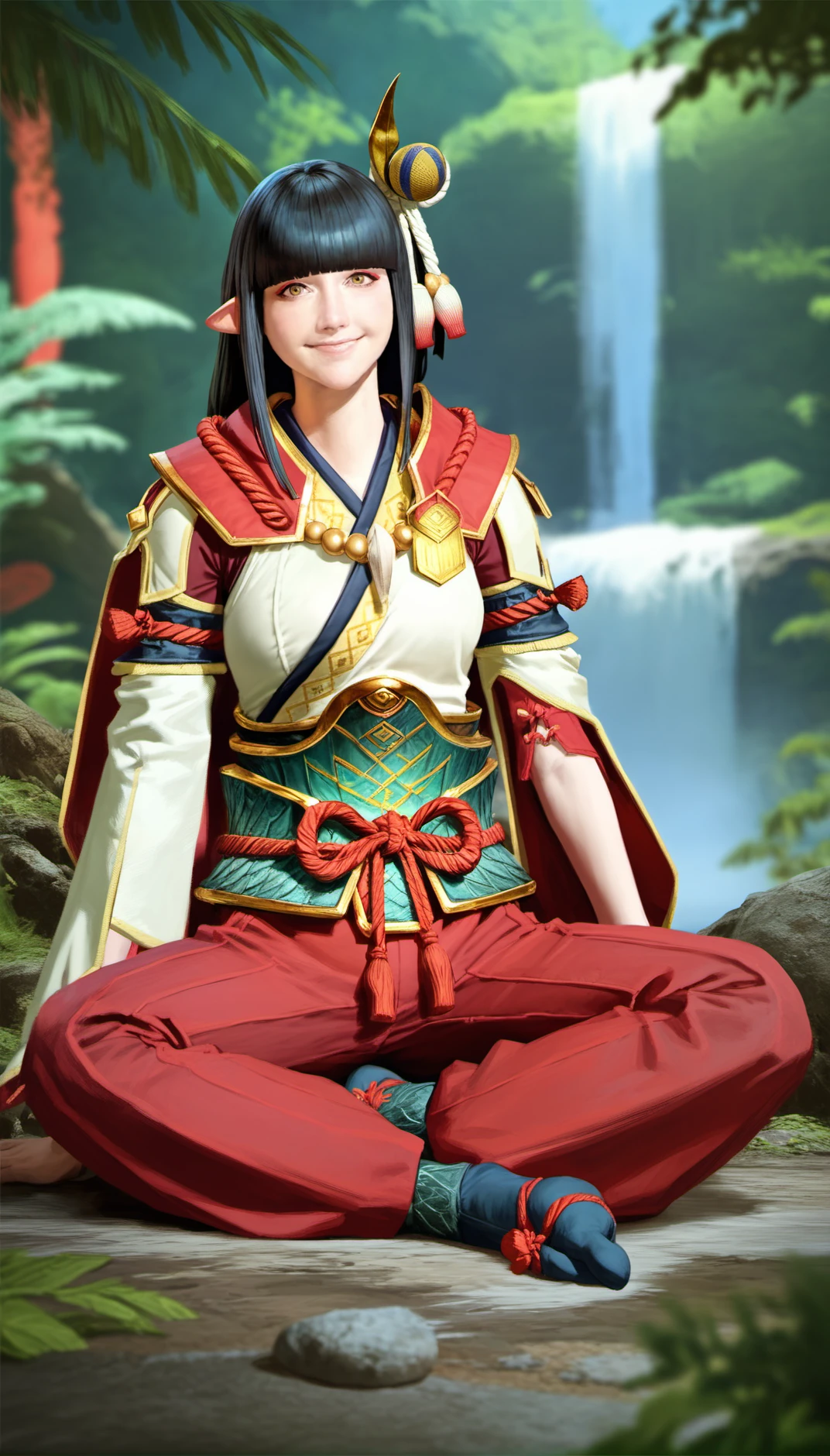 score_9,score_8_up,score_7_up,
<lora:hinoa:0.9>,
mhhinoa,
photorealistic,
1girl,solo,black hair,long hair,blunt bangs,hair ornament,yellow eyes,looking at viewer,smile,pointy ears,red and white short cape,shoulder necklace,white japanese robe top,deep red undershirt,detached sleeves,
deep red undershirt,green waist armor,detached sleeves,red cut out pants,deep red pants underneath,white tabi sock,black footwear,
blurry background,outdoors,jungle,blue sky,waterfall in background,