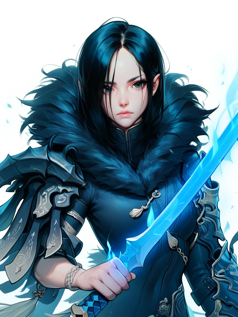 1girl, solo, bnsjinsoyun, black hair, black eyes, bodysuit, shoulder armor, waist chain, fur-trimmed collar, lace-trim, holding weapon, blue sword, white background  <lora:BnS_Jinsoyun-PONY:0.8>, score_8_up, score_7_up, score_6_up, score_5_up