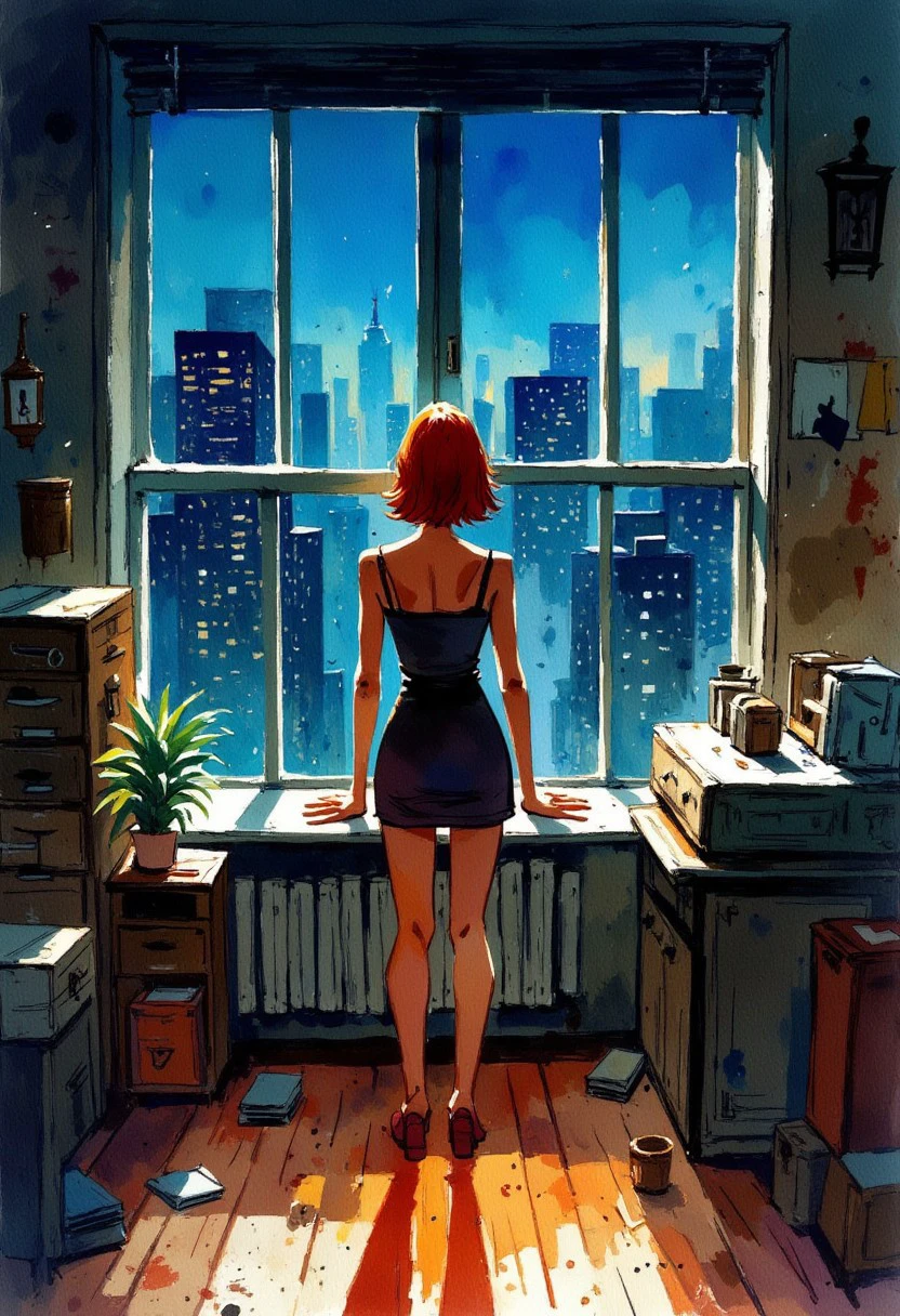 watercolor, illustrated by hergé, a lonely woman inside her cramped and messy NYC apartment with big windows overlooking the city at night. Sadness, stunning color scheme, masterpiece