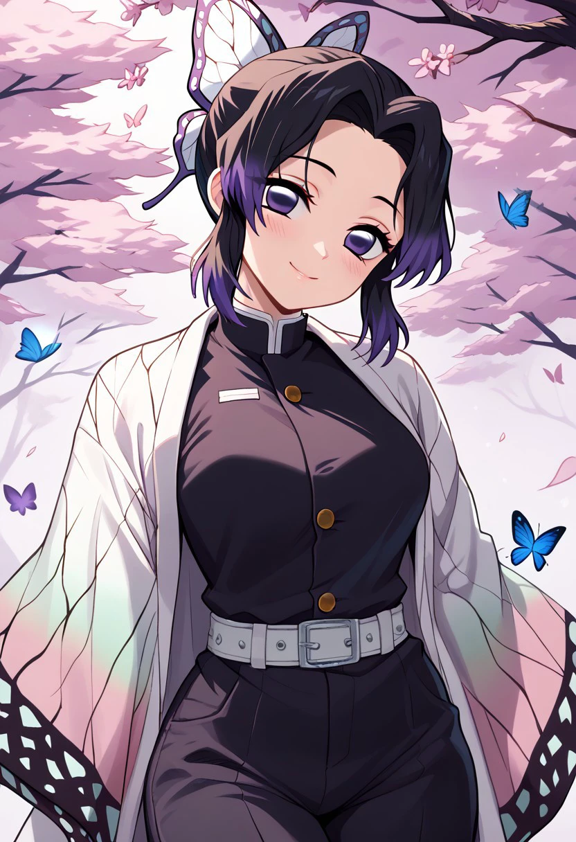 score_9, score_8_up, score_8, big breasts, (curvy), cute, eyelashes,     
patShinobu, shinobu kochou, animal print, black hair, butterfly, butterfly hair ornament, butterfly print, forehead, gradient hair, hair ornament, haori, multicolored hair, parted bangs, purple hair, short hair, two-tone hair, belt, black pants, butterfly print, coat, demon slayer uniform, haori, japanese clothes,
zPDXL,
smile, looking at viewer, head tilt, blush, ,