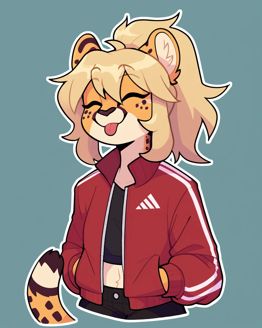 score_9_up, score_8_up, score_7_up, score_6_up, by remanedur, half-length portrait, cheetah, blonde hair, furry female, female, furry, eyes closed, solo, happy, blep, tongue out, three-quarter view, head tilt, tail, red jacket, black shorts, crop top, long hair, ponytail, fingerless gloves, open jacket, simple background, white outline,<lora:Leah_Pines(AIM)_XL_v1:0.25> <lora:PDXL_artist_tags_v2_big:0.5> <lora:The-Minuscule-Task_PDXL_v1.0:0.6> <lora:Reina_LiterallyTheFox:0.5>