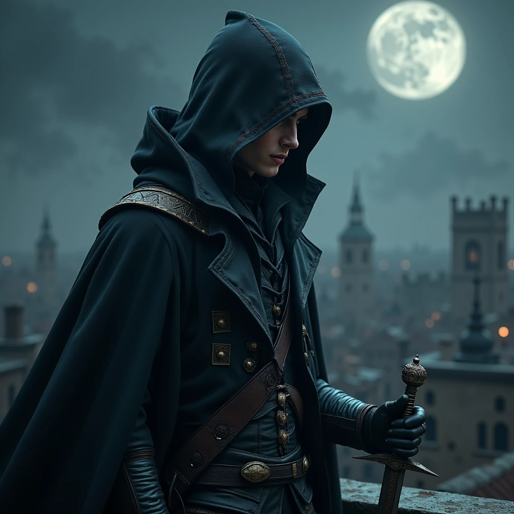 Imagine a photorealistic image of a member of the Assassin's Guild, poised on a rooftop under moonlight, wearing a sleek, dark hooded cloak that blends into the shadows. The assassin's gaze is focused and intense, with one hand resting on the hilt of a finely crafted rapier. The cityscape below is dimly visible, giving a sense of height and secrecy.