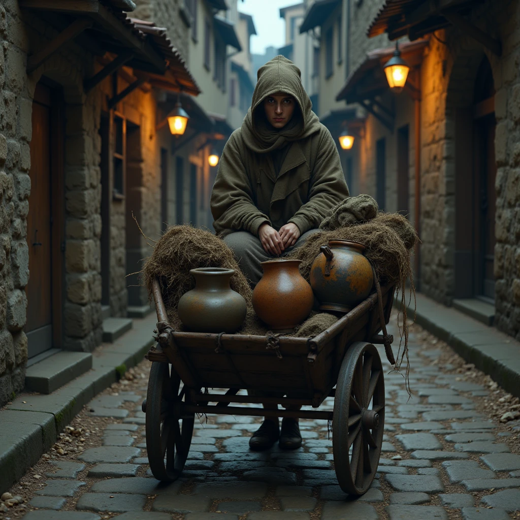 Imagine a photorealistic image of a Beggar’s Guild member pushing a rickety wooden barrow through a narrow cobblestone street at night. Their layered, ragged clothing flutters slightly in the cool night air, and they wear a drooping wool cap that hides their face. The barrow is filled with suspicious bundles of scrap, old pots, and worn rags, all casting strange shadows in the dim glow of street lanterns. Their eyes dart around, cautious yet calculating, as they navigate the darkened medieval street.