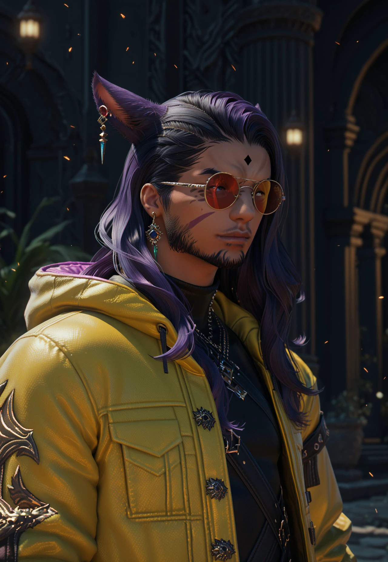 f4c32-miq0, animal ears, miqo'te, solo, sunglasses, facial hair, male focus, 1boy, cat ears, earrings, jewelry, jacket, long hair, dark skin, upper body, facial mark, glasses, tinted eyewear, black hair, purple hair, yellow jacket, cinematic lighting, cinematic angle ,score_9, score_8_up, score_7_up, score_6_up, score_5_up, score_5_up, score_4_up