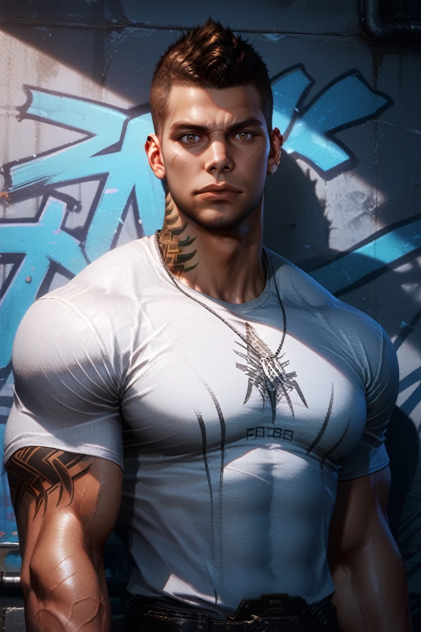 score_9, score_8_up, score_7_up,
<lora:MEJamesV:0.8>
MEJamesV, 1boy, brown hair, short hair, brown eyes, tattoo, muscular, looking at viewer, standing in front of a graffiti-covered wall, vibrant street art, urban vibe, sharp jawline, soft ambient lighting