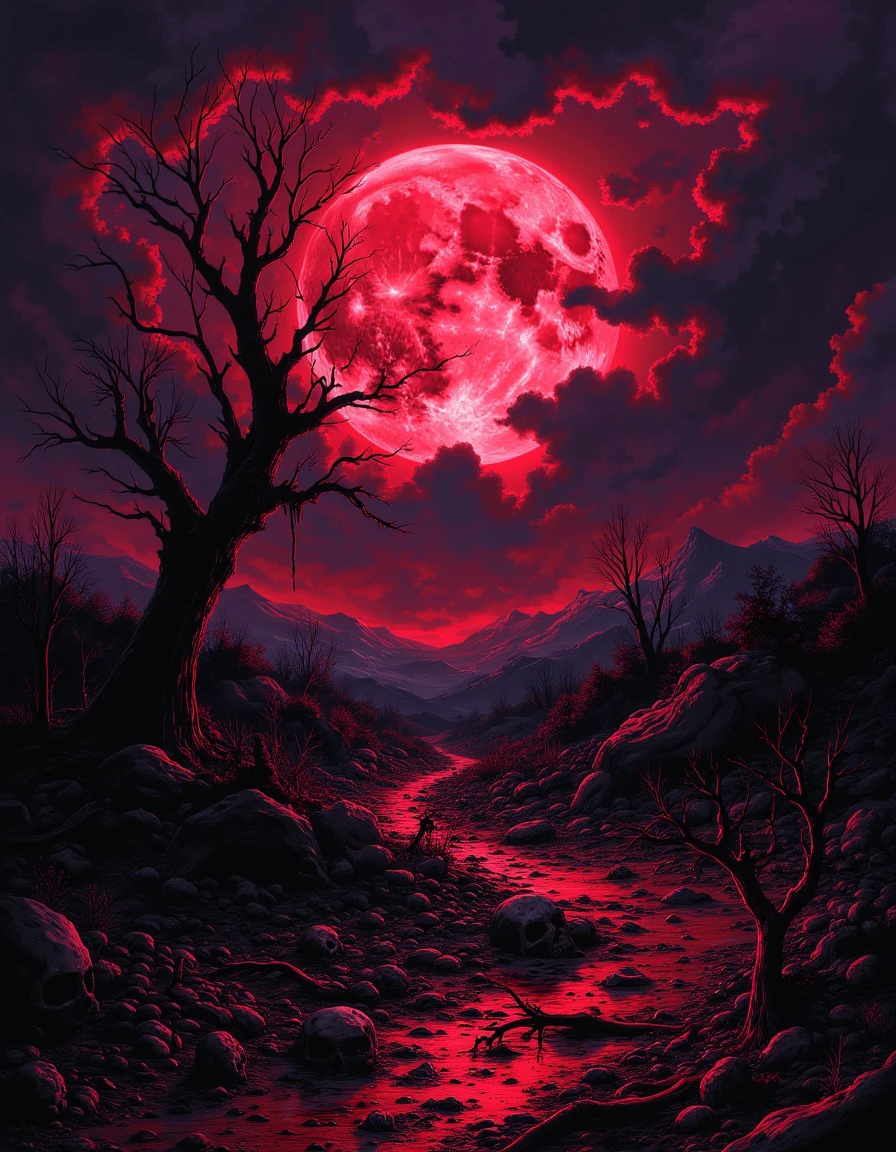 sp00k1h0rr0r A barren wasteland illuminated by a blood-red moon, with the ground littered with bones and scorched earth. Dark clouds swirl around the moon, casting an ominous red glow over the landscape. High detail, eerie ambiance
<lora:Spooky_Horror:0.8>