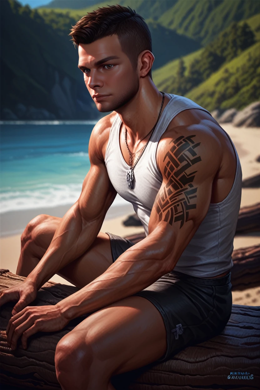 score_9, score_8_up, score_7_up,
<lora:MEJamesV:0.8>
MEJamesV, 1boy, brown hair, short hair, brown eyes, tattoo, muscular, looking at viewer, in a tank top, sitting on a large driftwood log, beach in the background, calm ocean, soft lighting, peaceful and relaxed atmosphere