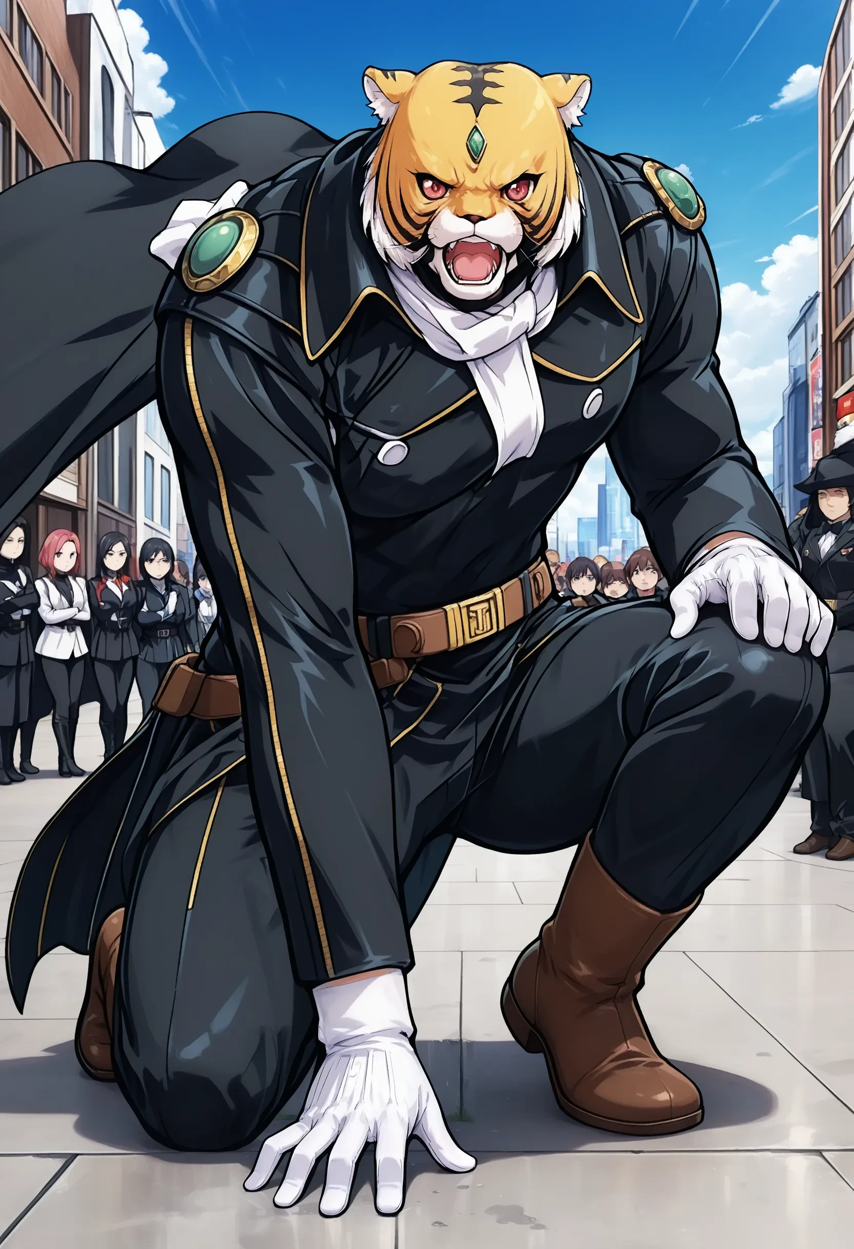 1boy, Tiger Joe, forehead green jewel, red eyes, white ascot, cloak, black jacket, white gloves, belt, black pants, brown boots, angry, big muscular male, 
outdoors, city, japan, audience, crowd, 
on one knee, hand on ground, elbow on knee, looking at viewer, masterpiece, best quality, absurdres, high resolution, 8k, official art, official style, source_anime, uncensored, anime screencap, anime coloring, newest, (ai-generated:0.6) <lora:OY-Tiger_Joe_XL(ill)v10:1>