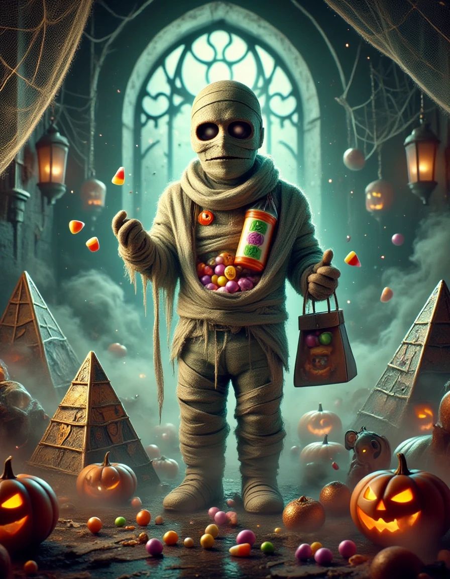 cinematic film still professional 3d model <lora:660f8ff0-2589-4e63-ada2-73de84b768d4.TA_trained:0.8>Prompt: "A Halloween mummy wrapped in candy-striped bandages, with marshmallow or candy corn bandages unraveling to reveal colorful Halloween sweets hidden underneath. The mummy holds a trick-or-treat bag overflowing with treats, surrounded by pyramids and Halloween decorations. The background is misty and spooky, with cobwebs and glowing jack-oâ-lanterns." . octane render, highly detailed, volumetric, dramatic lighting . shallow depth of field, vignette, highly detailed, high budget, bokeh, cinemascope, moody, epic, gorgeous, film grain, grainy