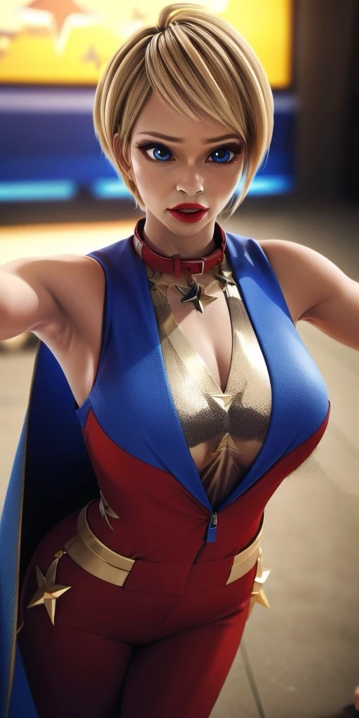 Hyperrealistic, photorealistic, super detailed, expressive blue eyes, (red sleeveless vest with collar), (three gold stars and two jagged gold lines on the front on collar), (blue suit under sleeveless vest), (red long cloak), bluish-black eyeshadow, short blonde hair styled into a pixie cut, red lipstick, body like in real life, large pores, fair skin, tall, beautiful arms, medium breasts, unreal engine, octane render, droped shadow, bokeh, cinematic lighting, <lora:add_detail:0.5>, <lora:Volumetric_lighting:0.6>, Olympia Hill, Majestia, , <lora:ef3c87e9-93c9-4668-9f53-9504c7787c8a:0.7>