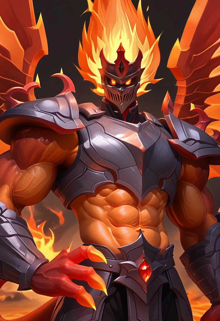 Infernal Galio, armor, muscular, male focus, tail, head on fire, burning head, solo, 1boy, helmet, horizontally slit eyes, partially armored, fire, infernal, demonic, glowing eyes, wings, abs, gauntlets, 3 fingers, 3 toes, wide upper body, thin waist, big muscles, wide, thick, hands on hip, remert, close up of upper body, zoom in, portrait