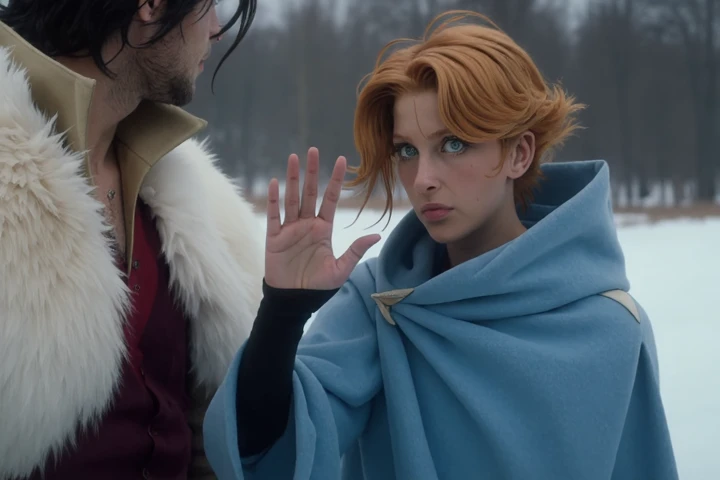 film scene from Denis Villeneuve. Cinematography. moody atmosphere
a gorgeous 25 year old bombshell female Sypha Belnades, sypha,Sypha Belnades,orange hair,short hair,blue robe,autumn, outside,gesturing,casting ice magic, casting ice spell,windy, off white waist wrap, action, blue eyes, alone <lora:sypha_v5:1.2> Sypha is shown in a close-up, standing beside another character who is partially visible. Her expression has shifted to one of surprise or realization with her lips closed tight and cheeks puffed out, and her eyes wide open. The blue robe she wears is wrapped around her, and the soft lighting highlights her features, giving her a delicate yet intense appearance. The other character's white fur stole and beige upturned collar remains partially visible on the left, emphasizing their proximity and the tension in the scene. The framing focuses on Syphaâs face, capturing her emotional response in a moment of vulnerability. Sypha waves her hand high in the air to say hello.